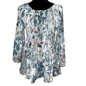 Spense Teal Watercolors Floral Scoop Neck Top 3/4 Bell Sleeves XL